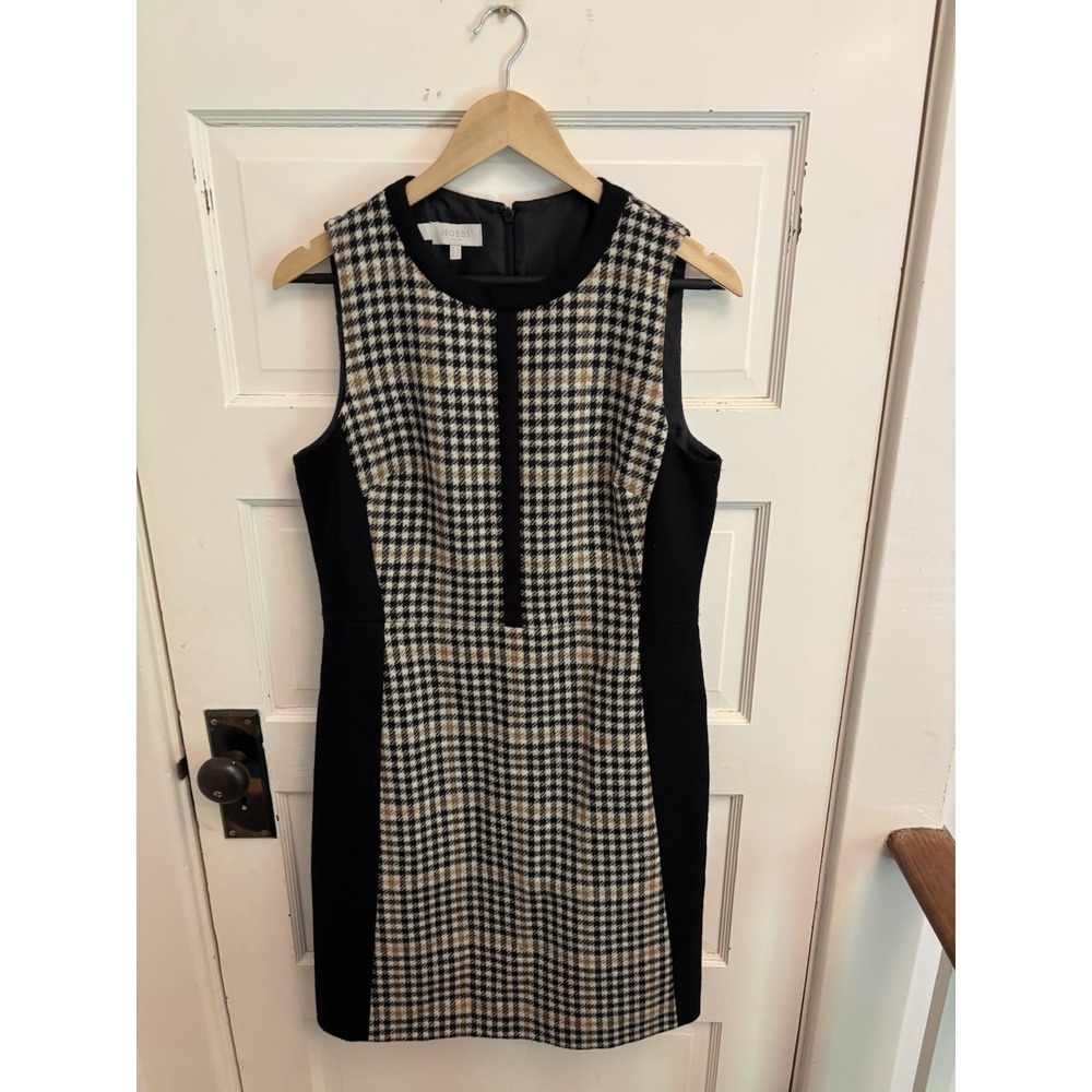 Hobbs Women's Joy Camel Black Plaid 100% Wool Sheath Dress Colorblock Size 8